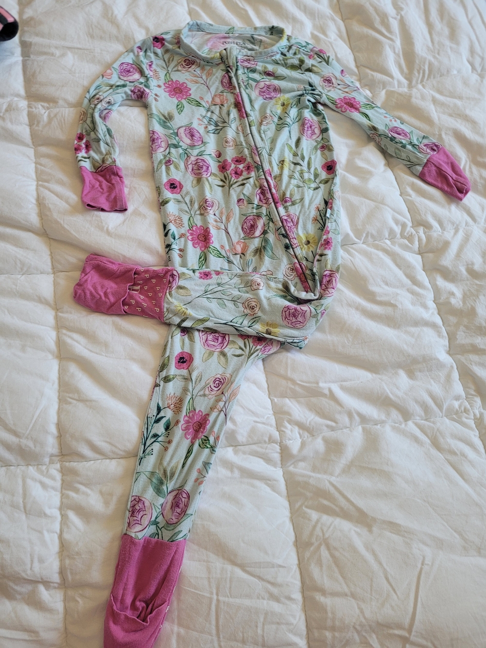 Posh Peanut Mint Floral Footed Pajama Set with Pink Accents